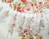 長さの違うスキャロップフリルのチュールレース2枚と、その間にもう一枚のネットレースを重ねた3重のネットレースに、パールが付いた幅のあるフリルレースです。 箱ひだフリルになっているので、曲線にも付けやすいです。 お子様のドレスの襟元の飾りにしたり、コスチュームもパールの落ち着きでシックで華やかになります。