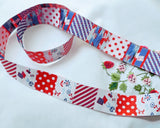 ソーイング柄のパッチワーク柄のアメリカUSAの刺繍ジャガード織リボン。お子様の手作りのお道具袋、お洋服にも可愛いです