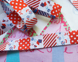 ソーイング柄のパッチワーク柄の刺繍ジャガード織リボン。お子様の手作りのお道具袋、お洋服にも可愛いです