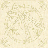 Sashiko Pattern Pre-Printed Embroidery Fabric 12”x12” | Dragonfly and Bamboo - Cotton Linen Blend