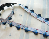 Ruban jacquard motif voiliers et mouettes | Avec franges bleu marine