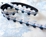 Ruban jacquard motif voiliers et mouettes | Avec franges bleu marine
