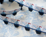 Ruban jacquard motif voiliers et mouettes | Avec franges bleu marine
