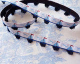 Ruban jacquard motif voiliers et mouettes | Avec franges bleu marine